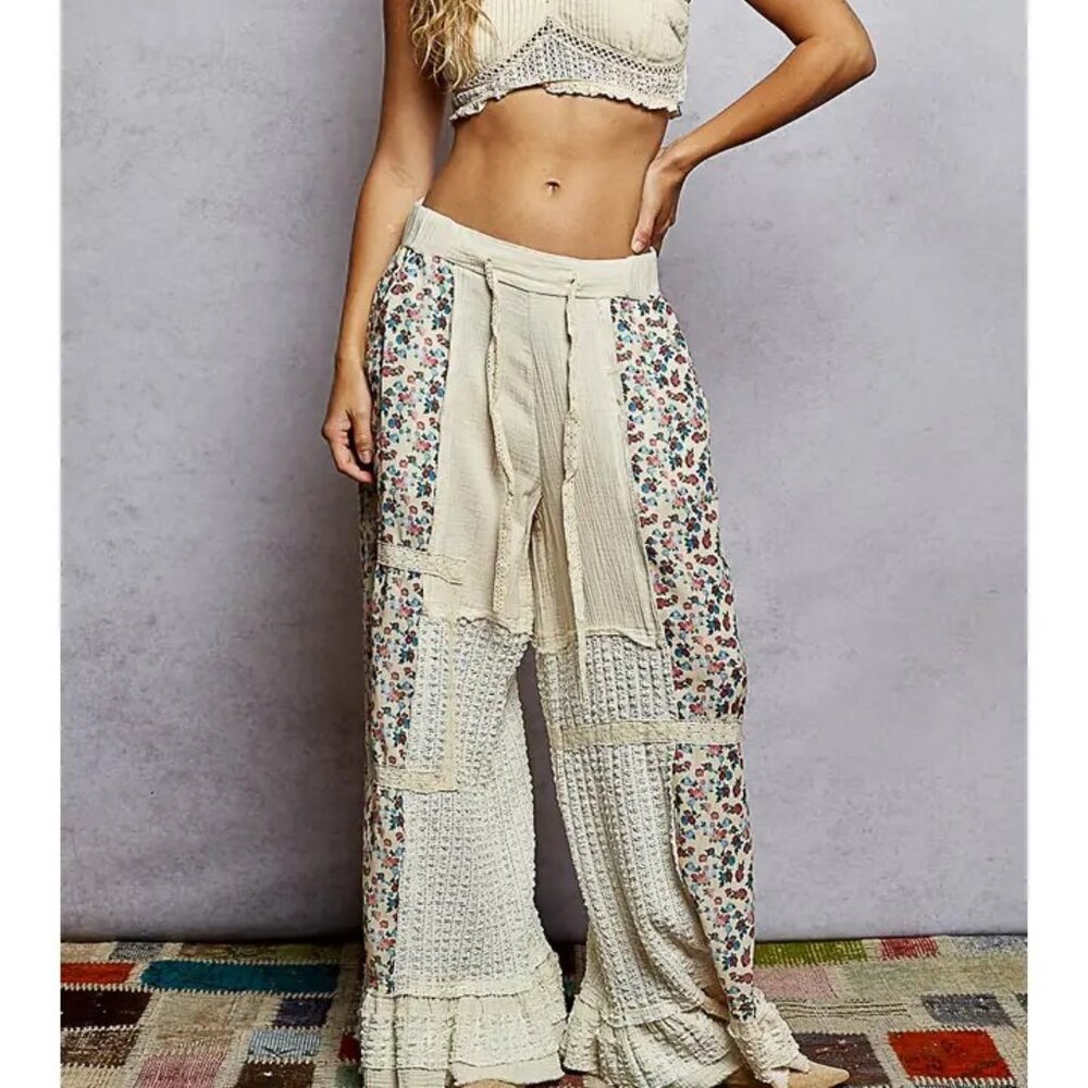 POL- GORGEOUS Double Gauze Lace Print Patch Ruffle Woven Wide Pants S-L